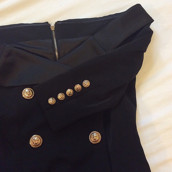 Open Shoulder Black Dress with decorative buttons - Picture 5 of 7